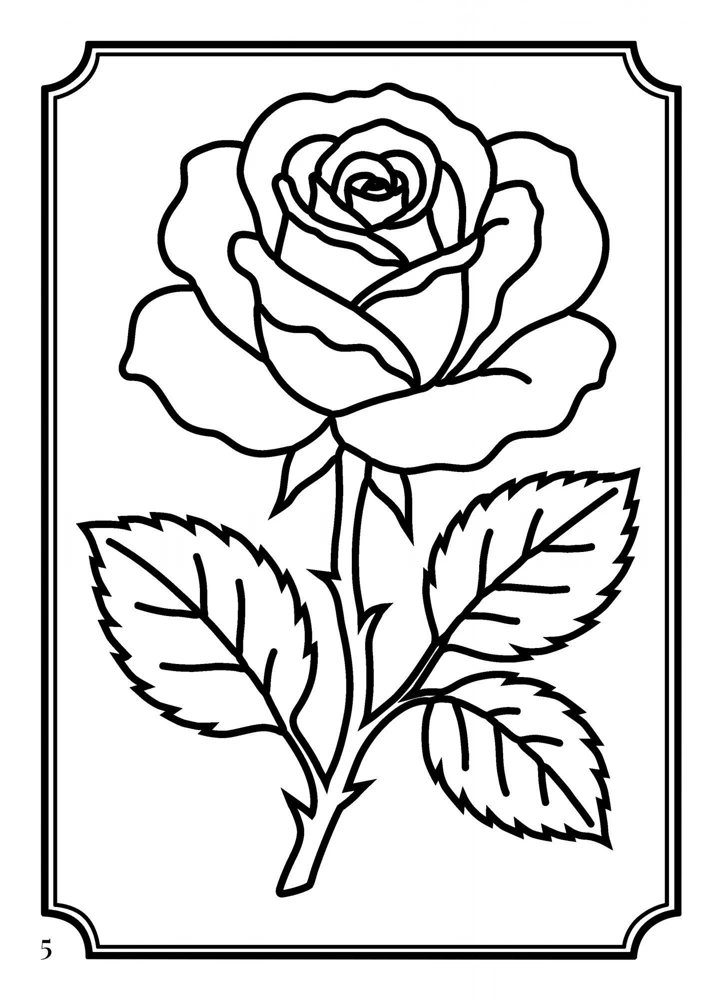 Coloring page 5: a rose with leaves, bold outlines